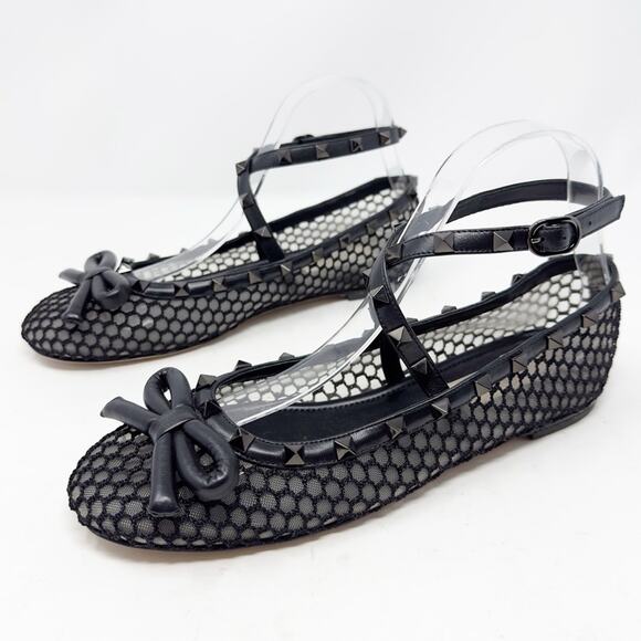 Valentino Rockstud Black Mesh Bow Ballet Flats Size 38.5 - Picture 1 of 13